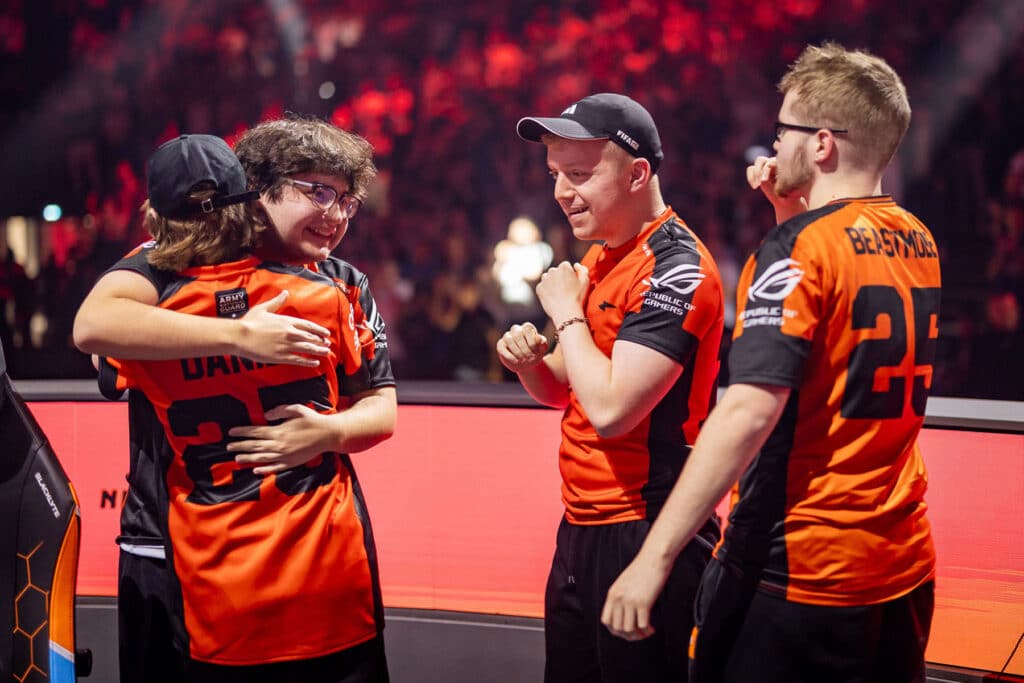 Image of NRG Rocket League team celebrating world championship victory