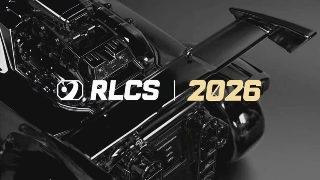 Image of RLCS logo and 2026 in gold text in front of a black Rocket League Octane car in the background