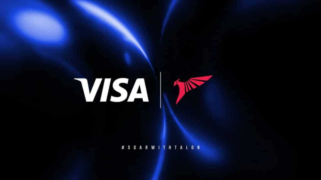 Image of TALON Esports and Visa logos on a black and blue background
