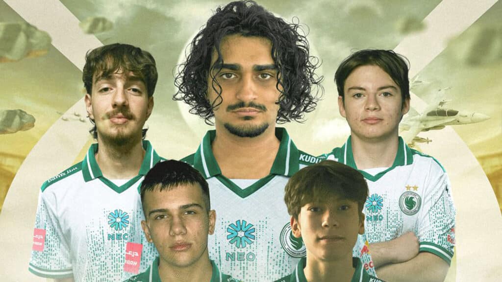 Image of Team Falcons academy CS2 roster wearing jerseys on a yellow background