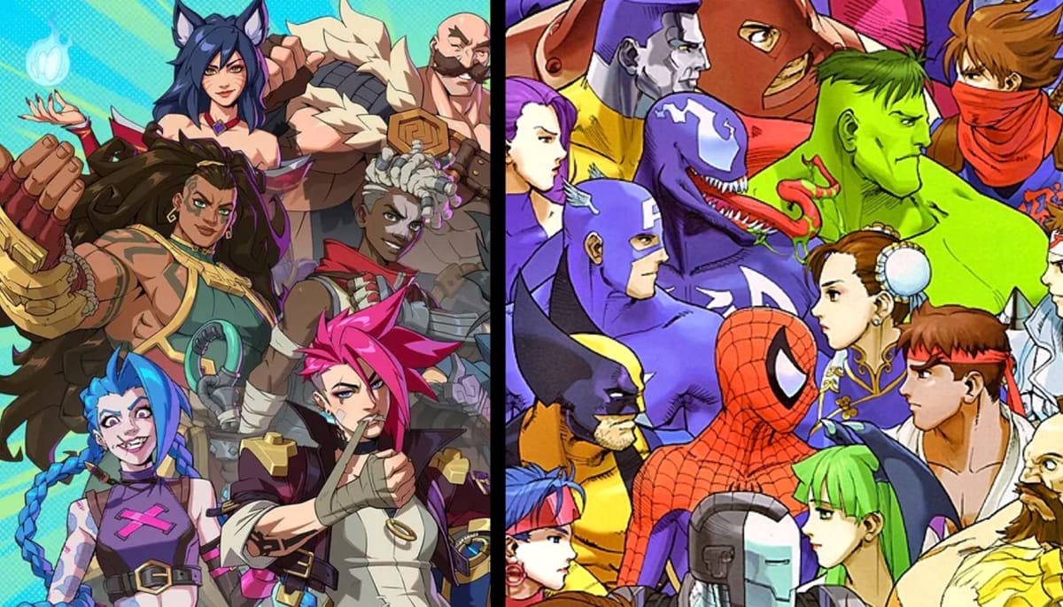 Illustrated image of 2XKO and Marvel vs Capcom characters. The image splited in two sections