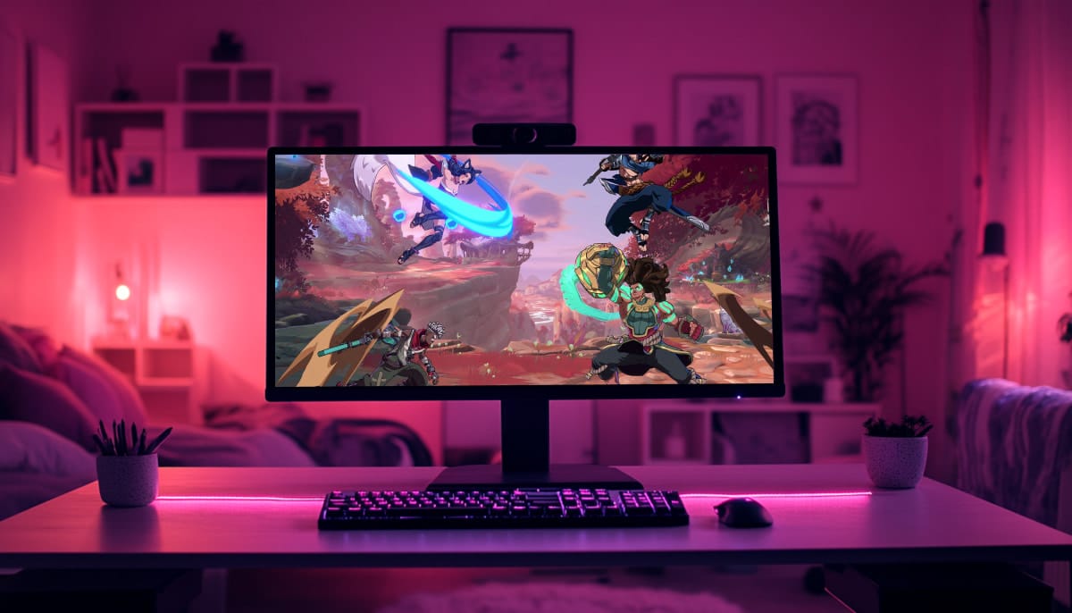 A gaming setup in a dimly lit room with a pink hue shows 2XKO scene