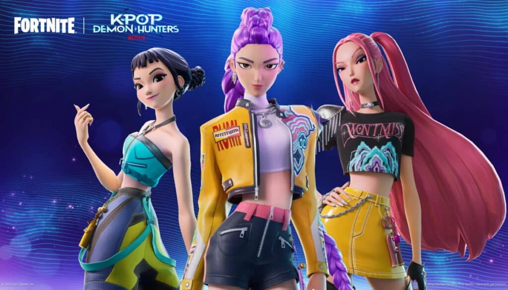 Rumi, Mira, and Zoey Fortnite skins from K-Pop Demon Hunters collaboration