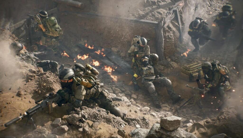 Soldiers fighting in a burning trench during battle in Battlefield 6