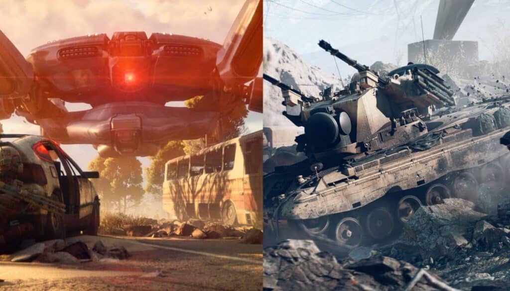 Split image showing a Raider hiding from a hovering drone in Arc Raiders and a tank firing in Battlefield 6