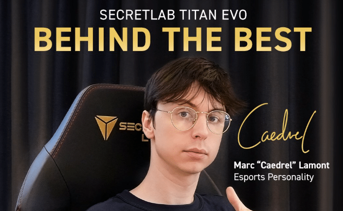 Caedrel on a Secretlabs TITAN Evo gaming chair with black curtain background for partnership announcement