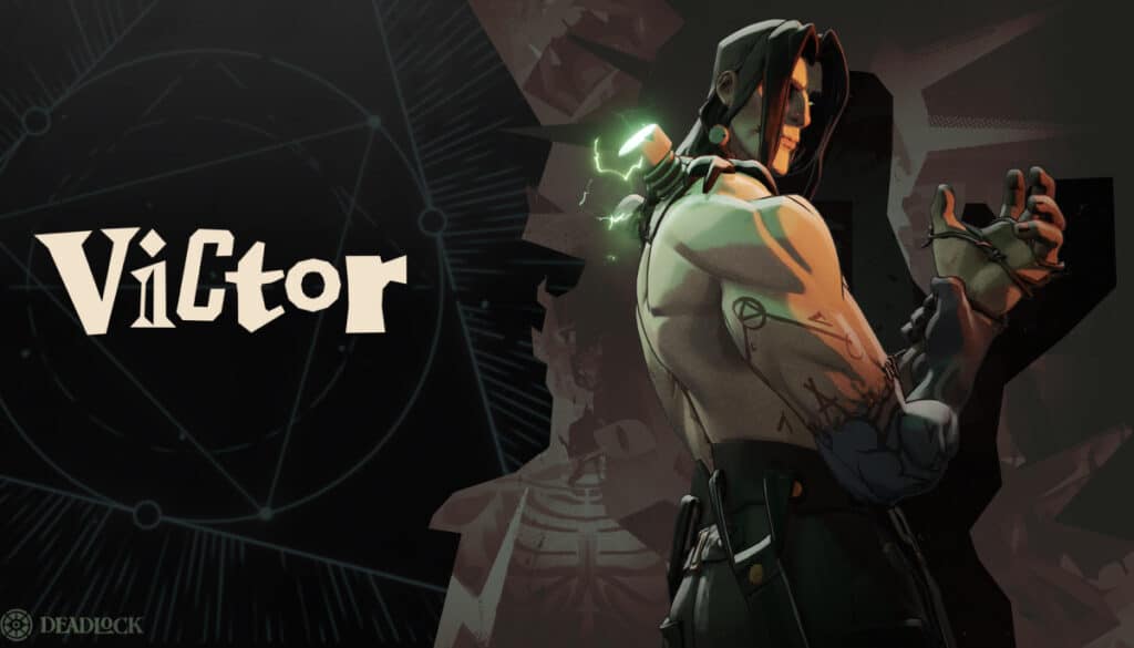Artwork of Victor, the undead brawler from Deadlock, showing his mechanical enhancements and glowing spine