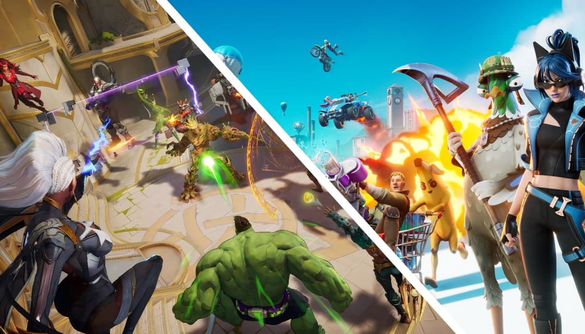 Split image of Marvel Rivals and Fortnite characters
