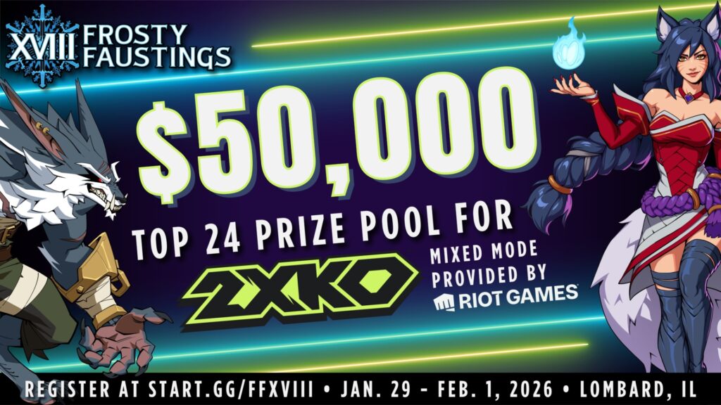 2XKO $50,000 boosted prize pool announcement graphic for Frosty Faustings XVIII 2026