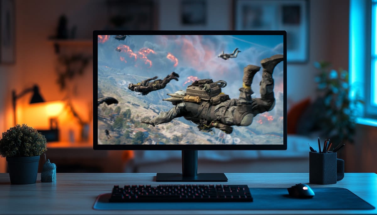 A computer monitor displays BF 6 scene of paratroopers skydiving over a mountainous landscape