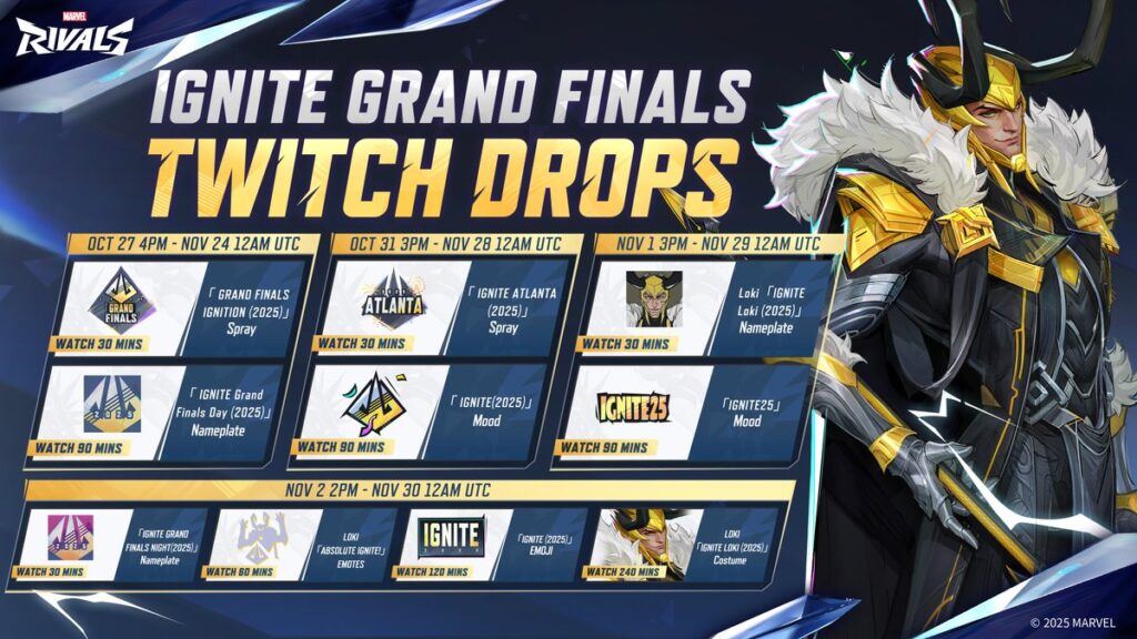 Marvel Rivals Ignite Grand Finals Twitch drops featuring Ignite Loki costume and in-game cosmetic items schedule graphic