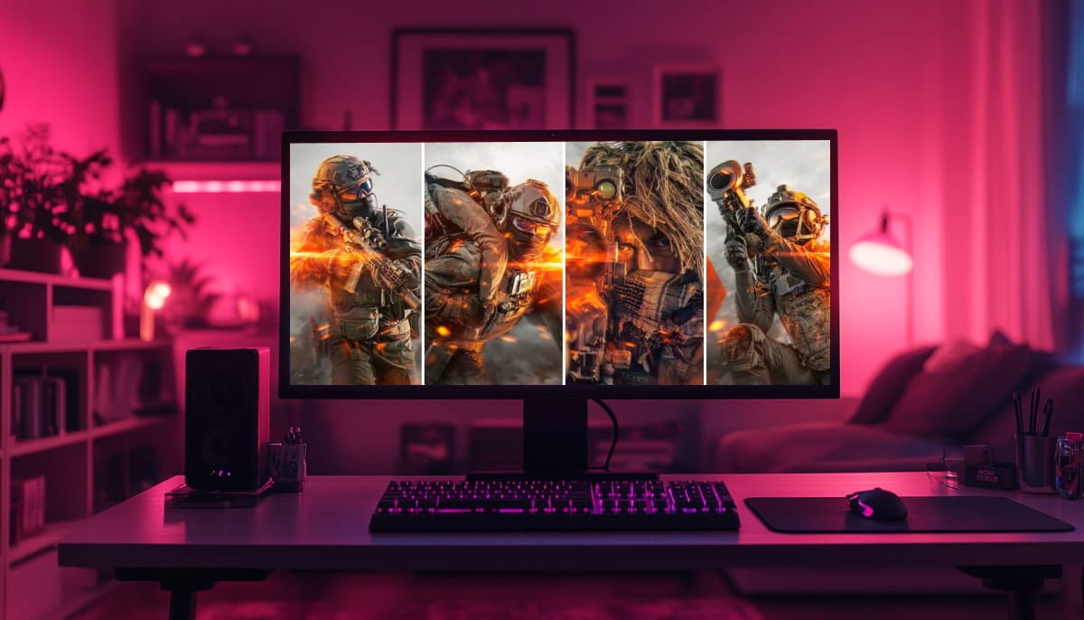 A gaming setup features a widescreen monitor displaying soldiers in action in Battlefield 6