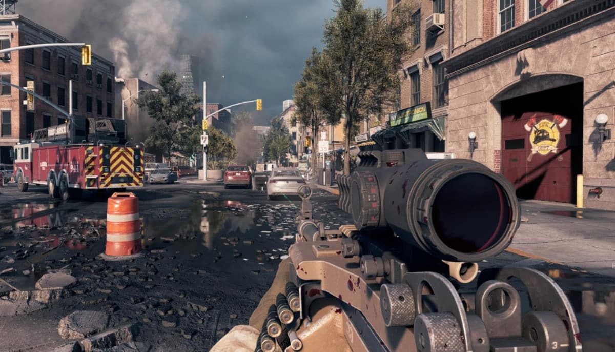 First-person view in a gritty urban street scene, focusing on a scoped rifle in Battlefield 6