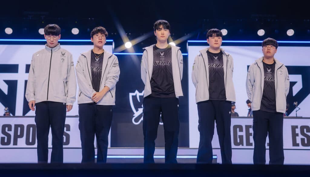 Gen.G players lineup on stage at League of Legends Worlds 2025