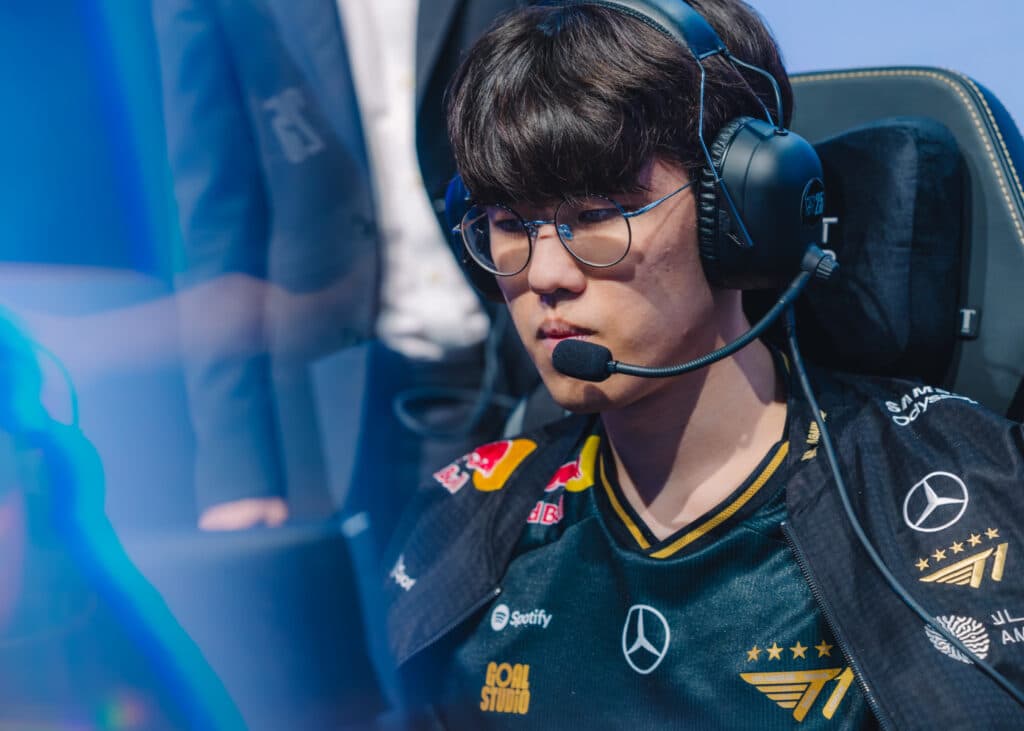 Oner of T1 competes onstage at League of Legends Worlds 2025 Swiss Stage. Photo by Colin Young-Wolff/Riot Games