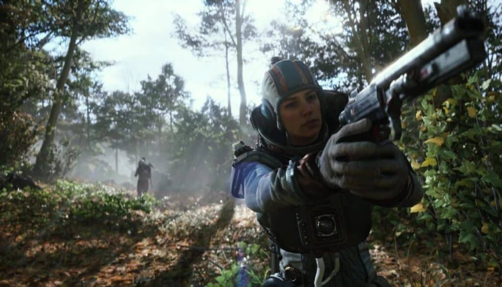 Arc Raiders player aiming a silenced pistol in a forest environment while preparing for combat.