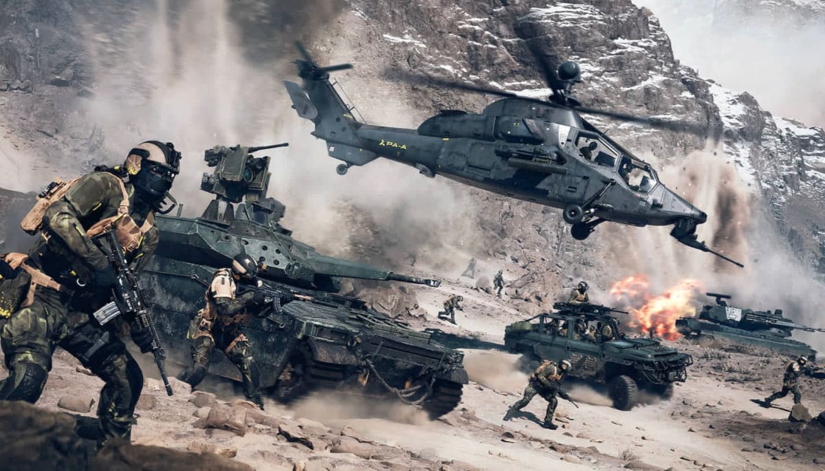 Battlefield 6 game scene with tank and helicopter