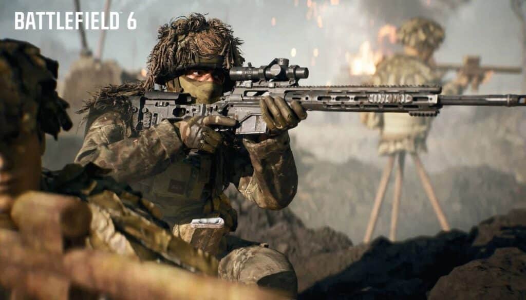 Battlefield 6 Recon soldier aiming a sniper rifle from a camouflaged position during combat.