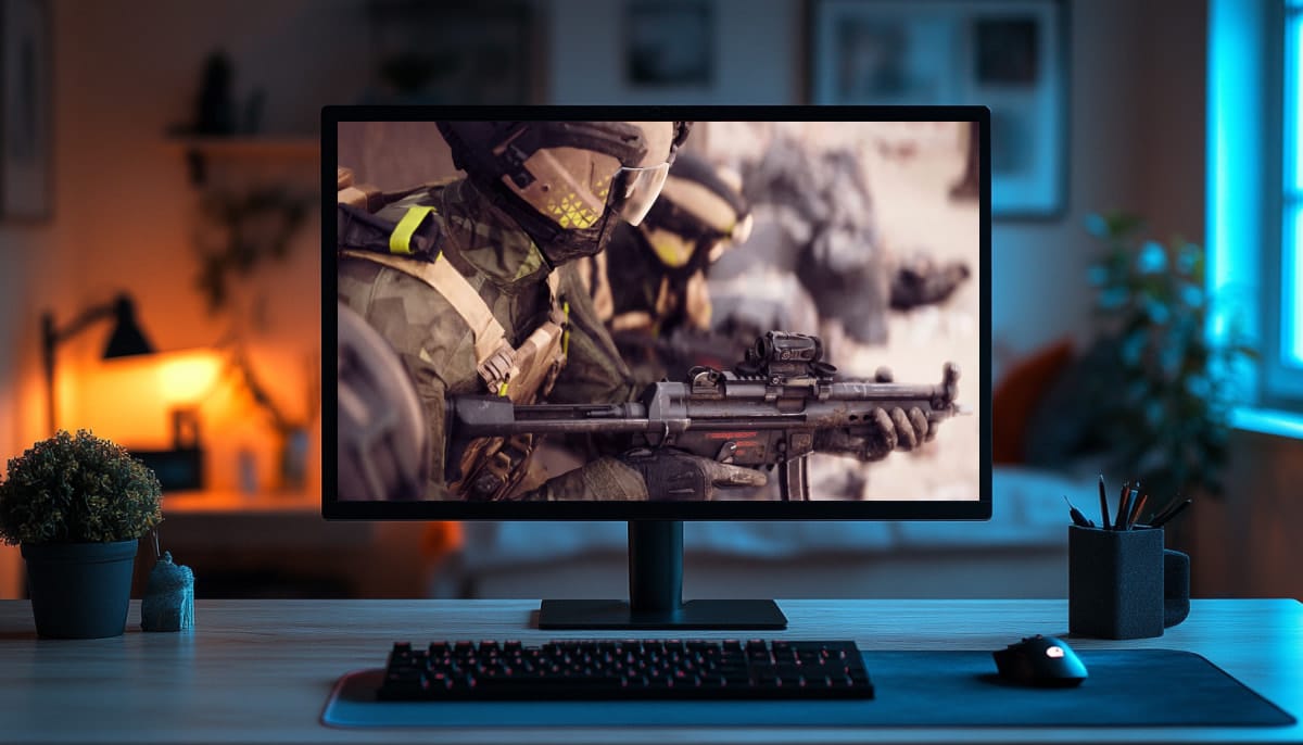 Stylish workspace with a computer displaying Battlefield 6's character with weapon