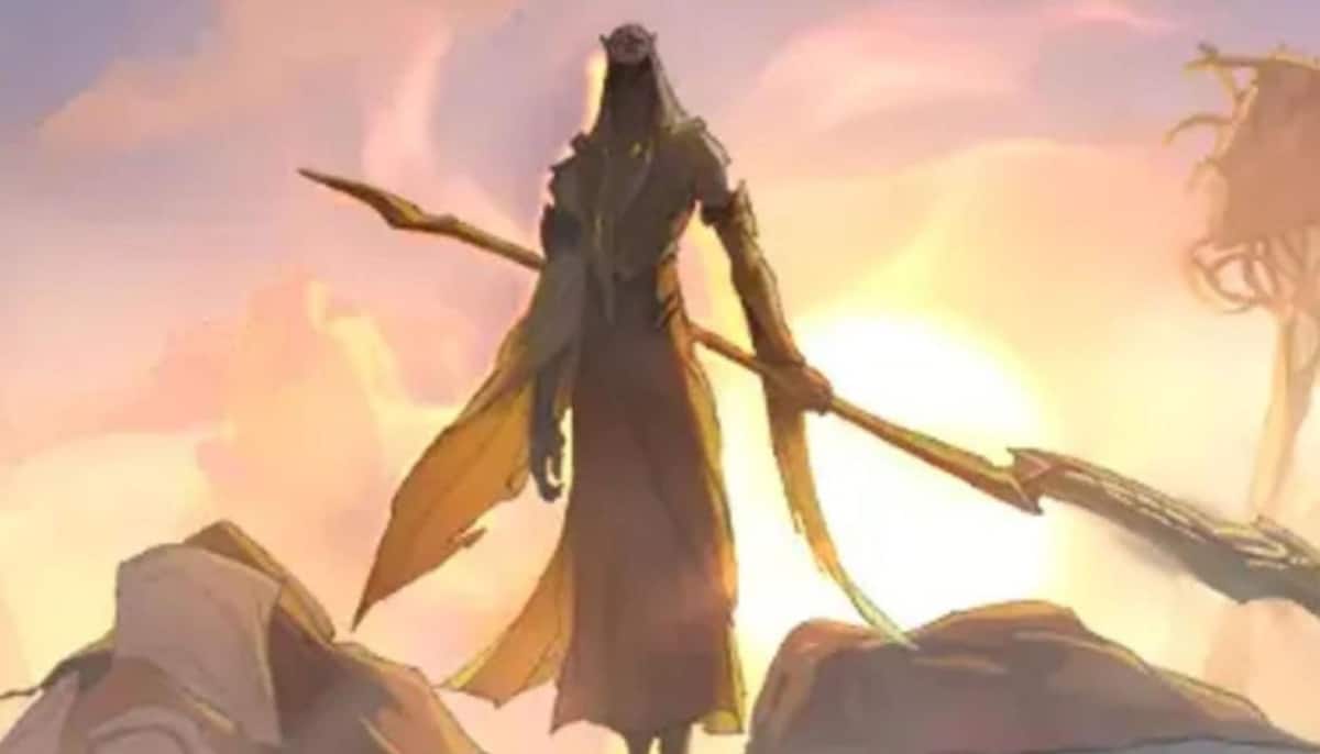 Zaahen from LoL stands on rocks holding a large spear against a vibrant sunset and cloudy sky