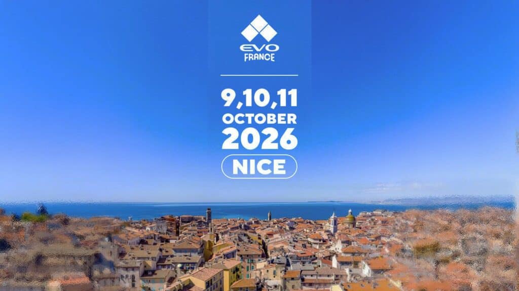 Image of EVO France logo above the Nice skyline with clear blue sky in the background