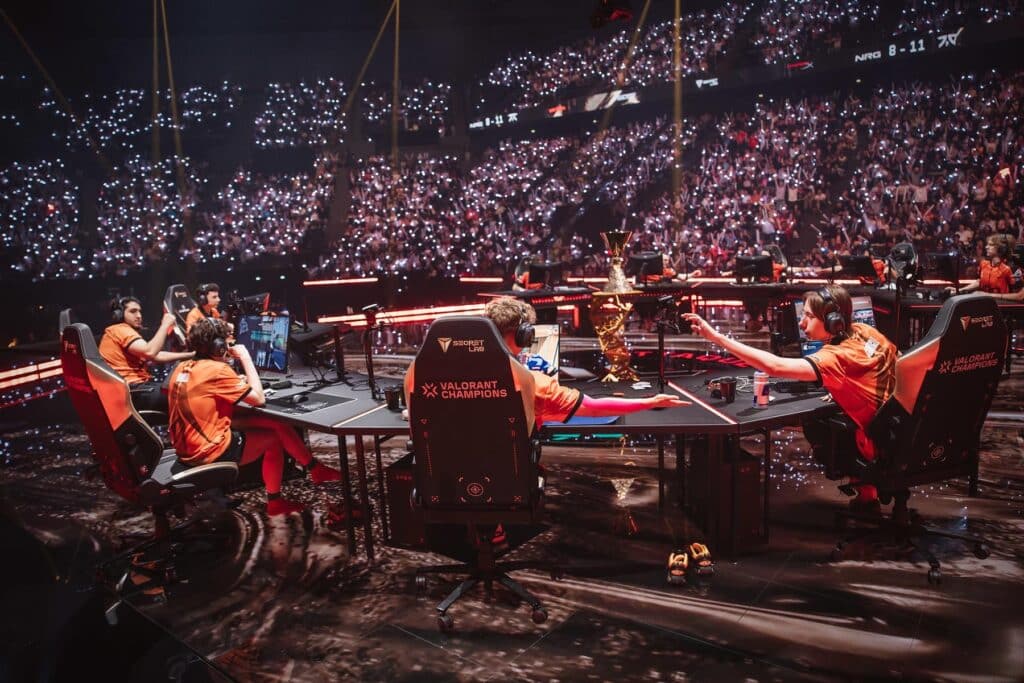 Image of VALORANT Champions Paris 2025 stage with teams competing.