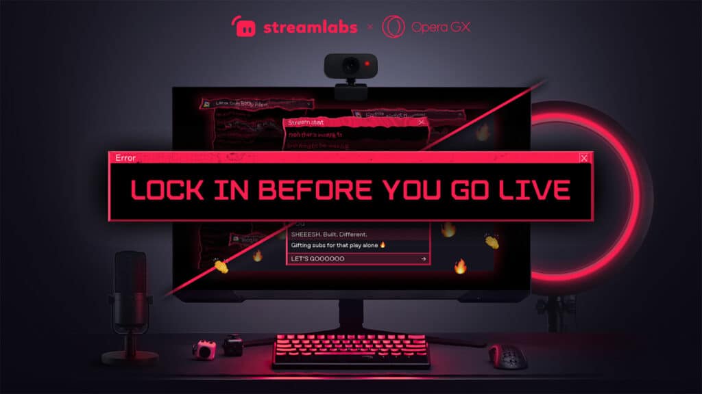 Image of PC monitor displaying red text above the Streamlabs and Opera GX logo