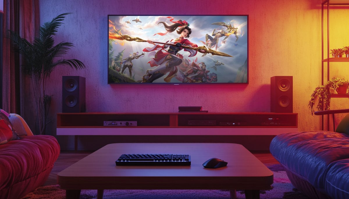 A cozy living room features a large TV displaying Honor of Kings official esports artwork banner
