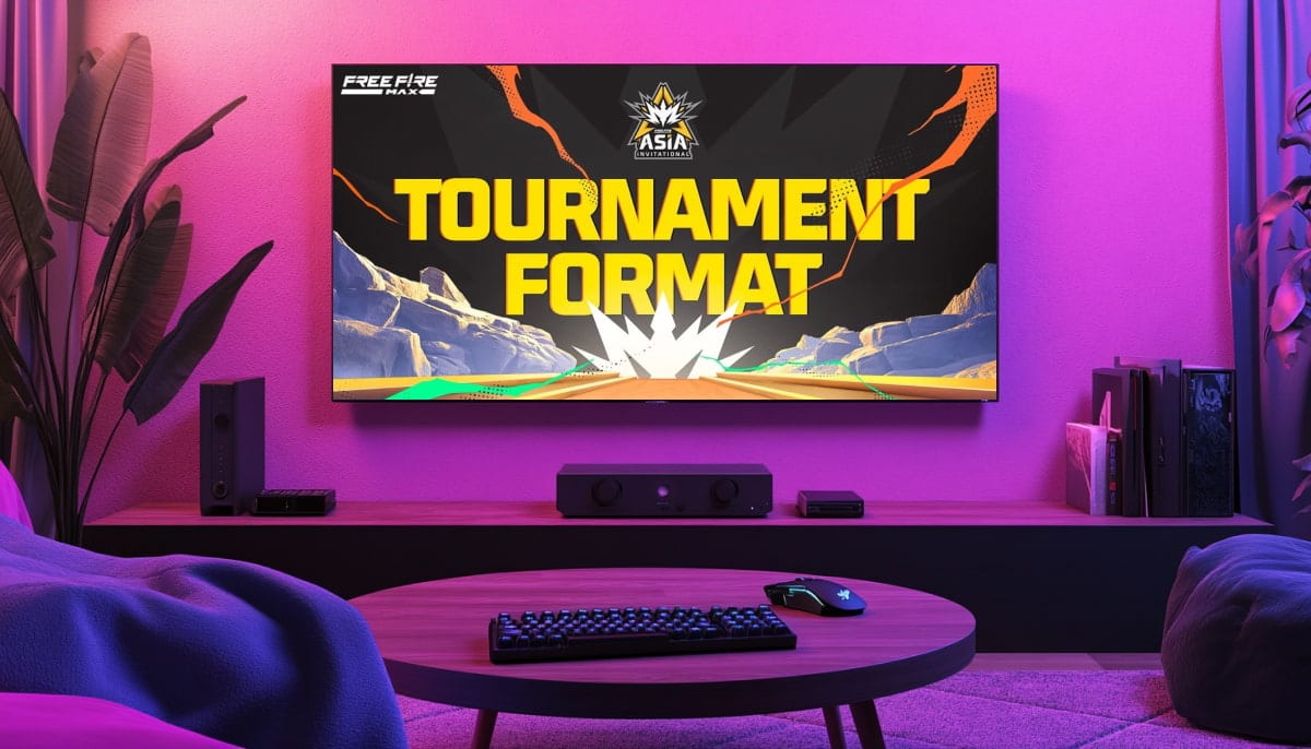 A cozy, modern living room with purple lighting features a large screen displaying "Tournament Format" for Free Fire MAX Asia Invitational 2025