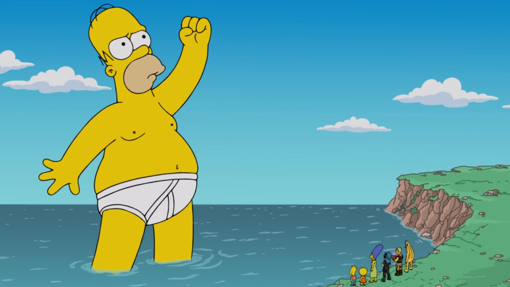 Giant Homer Simpson in underwear stands in ocean, raising fist