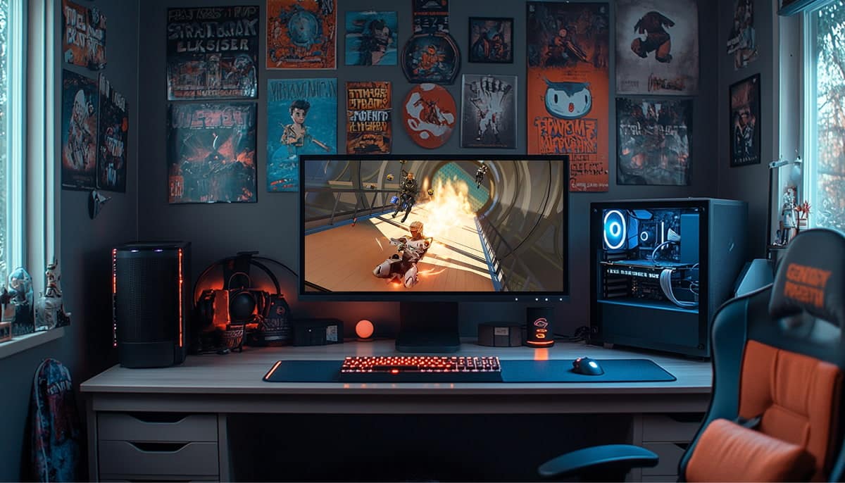 A gaming setup with a large monitor displaying Apex Legends scene