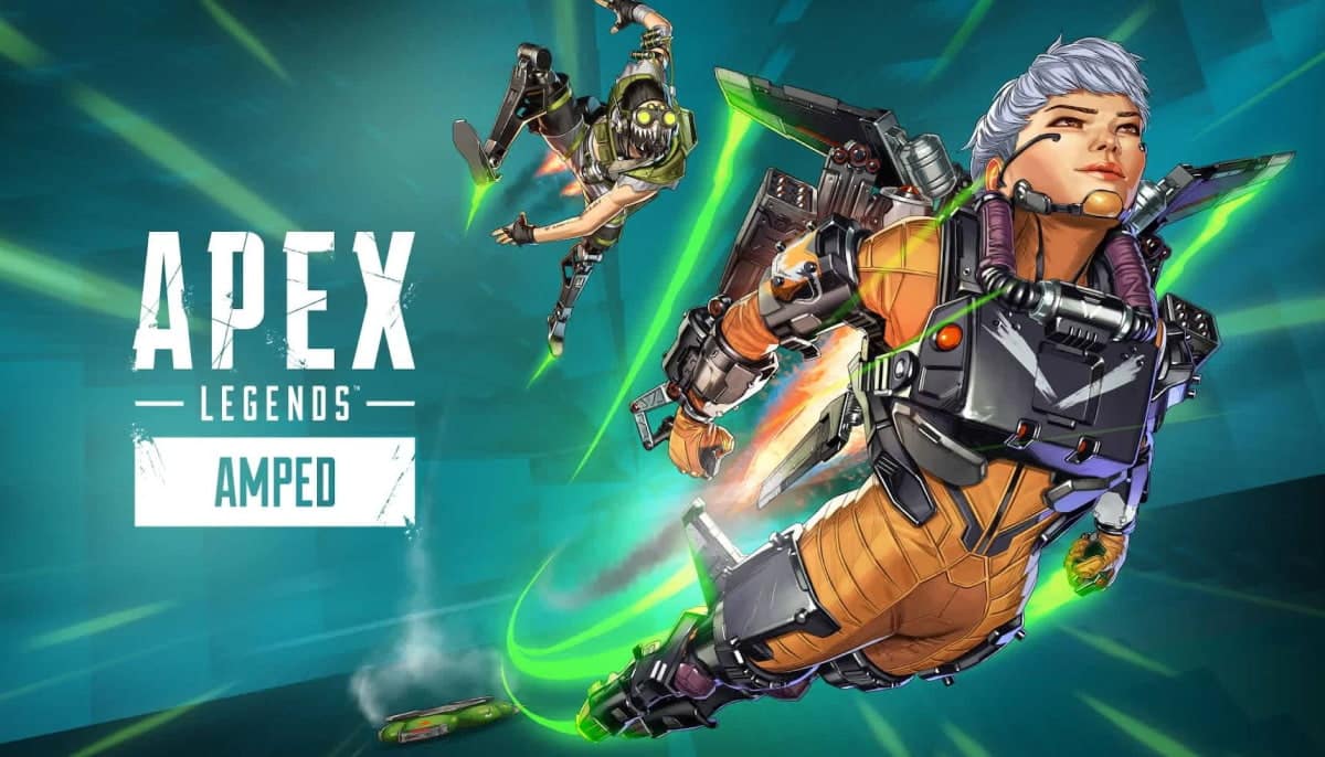 Valkyrie from Apex Legends in a flight. Octane is behind her