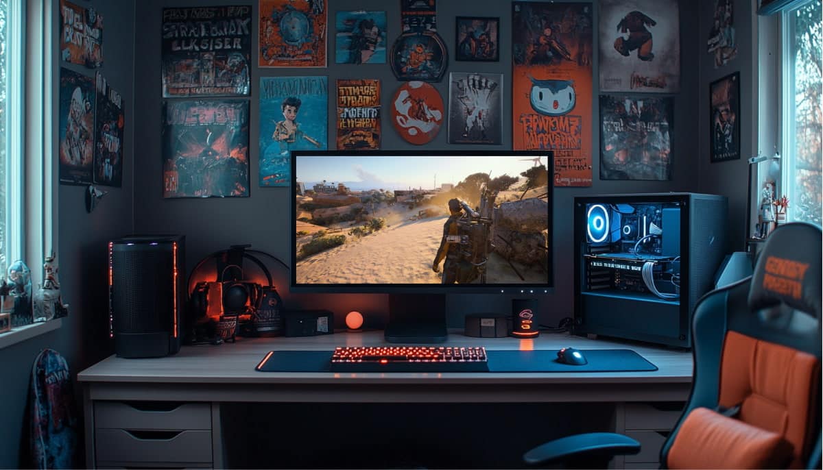 A cozy gaming setup with a large monitor displaying an Arc Raiders game scene