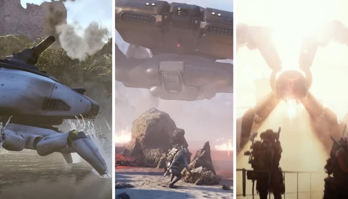 Triple-panel scene featuring futuristic battle: a white robotic tank in a smoky landscape, a person running from a hovering ship, and two figures watching an explosion in Arc Raiders