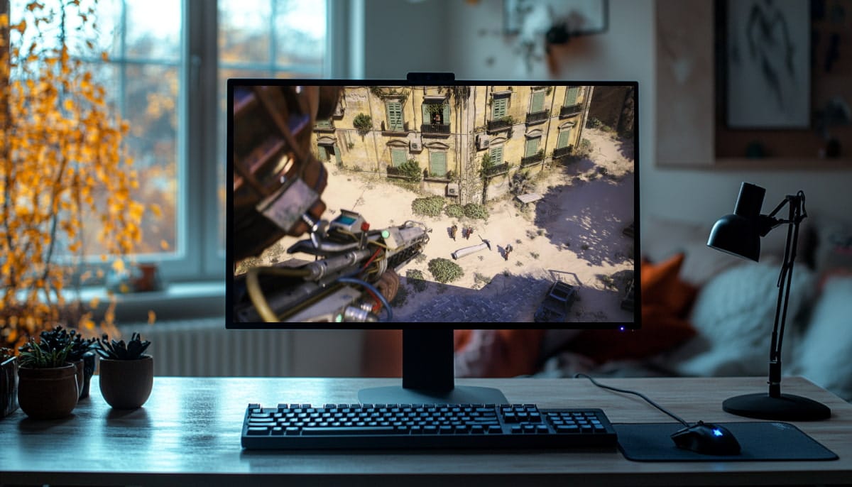 A cozy home office with a large monitor displaying Arc Raiders game scene