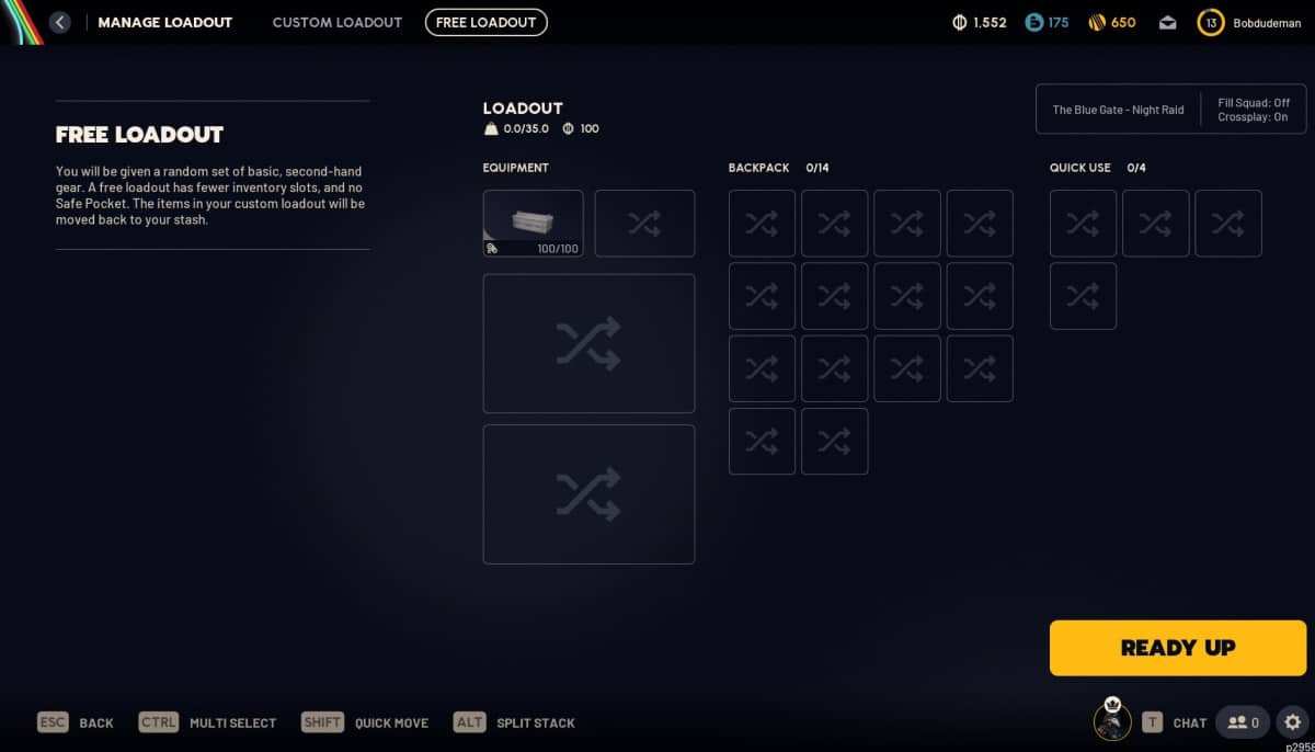 Arc Raiders loadout screen with free loadout option highlighted
