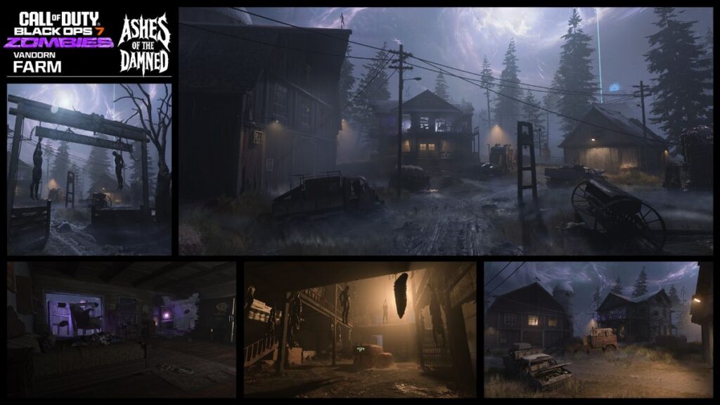 Dark, eerie farm scene from Black Ops 7 with dilapidated buildings, abandoned vehicles, and a misty, ominous sky