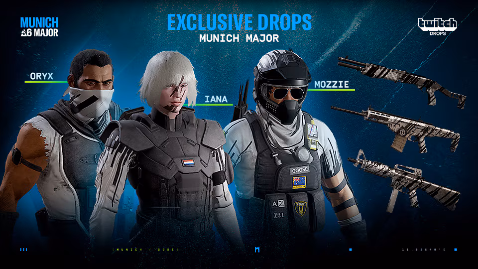 BLAST R6 Munich Major Twitch drop skins for Oryx, Iana and Mozzie