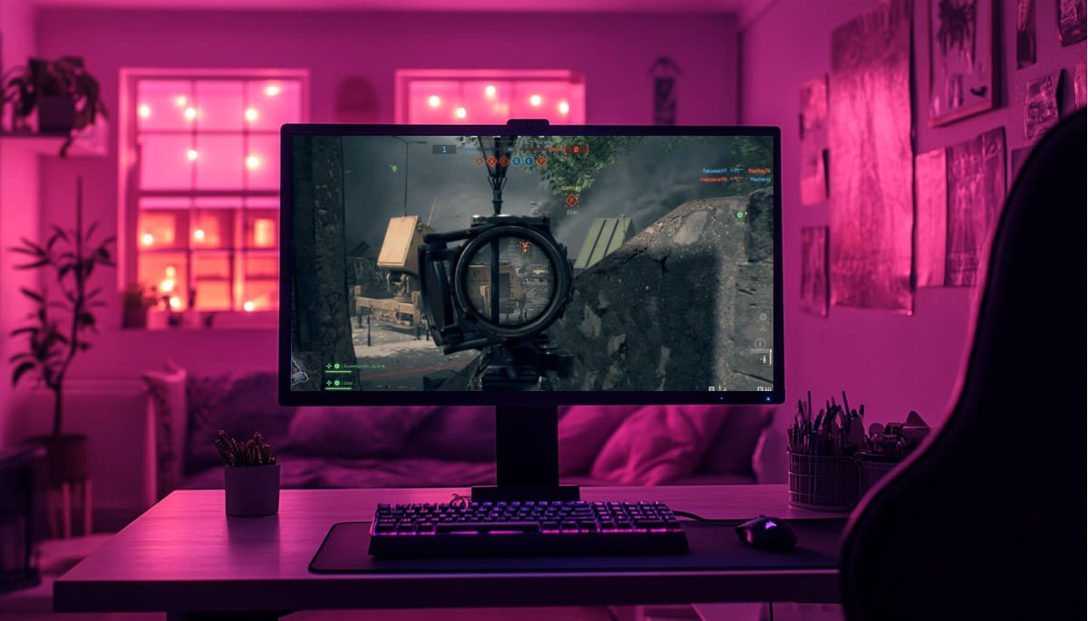 A gaming setup with a large monitor displaying Battlefield 6 gameplay