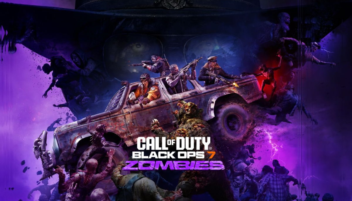 Promotional image for "Call of Duty Black Ops 7: Zombies" features soldiers in a vehicle surrounded by zombies, creating an intense and chaotic scene