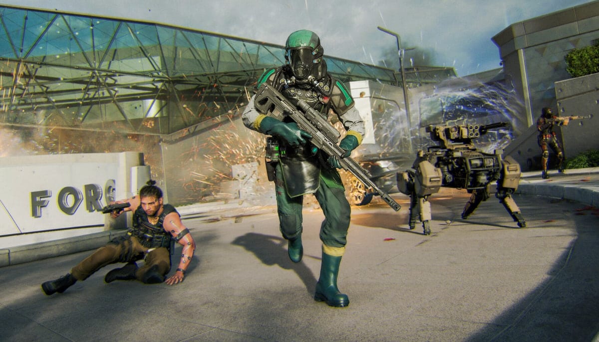 Heavily armed soldier runs amidst chaos, wielding a futuristic rifle in Black Ops 7
