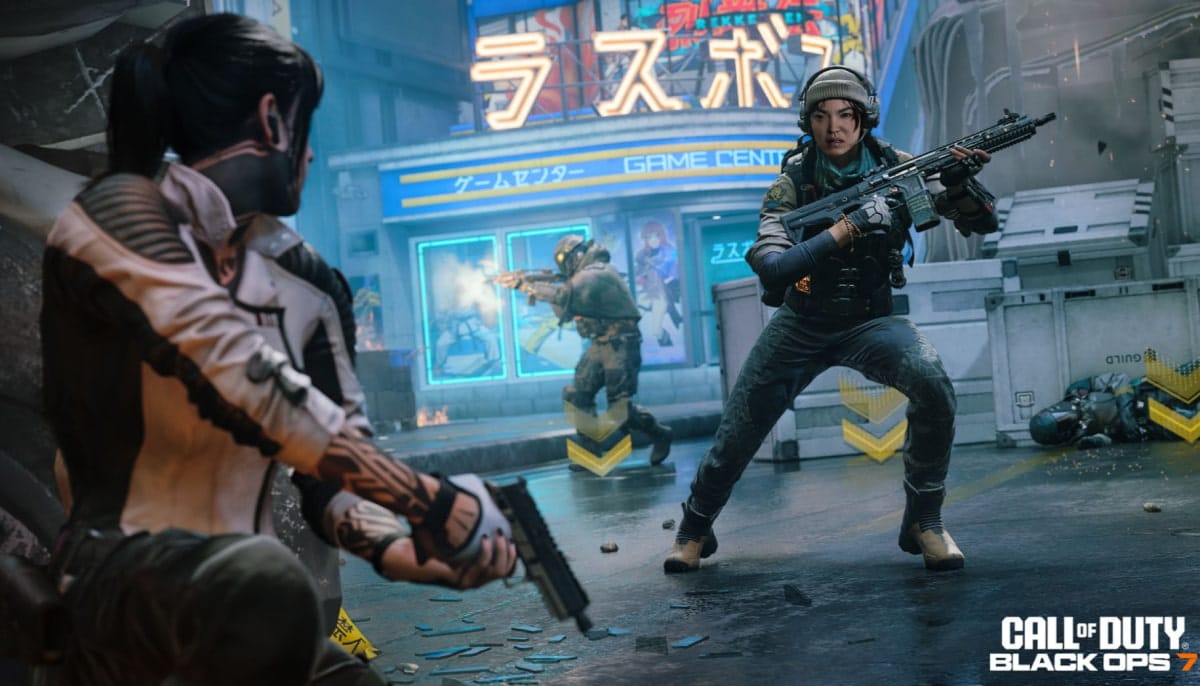 Female soldiers in tactical gear engage in a tense standoff on a futuristic urban street. Neon signs light the scene. "Call of Duty: Black Ops" logo visible