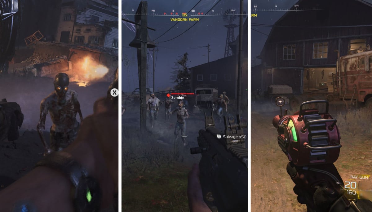 Three-panel image of Call of Duty Black Ops 7 Zombies gameplay