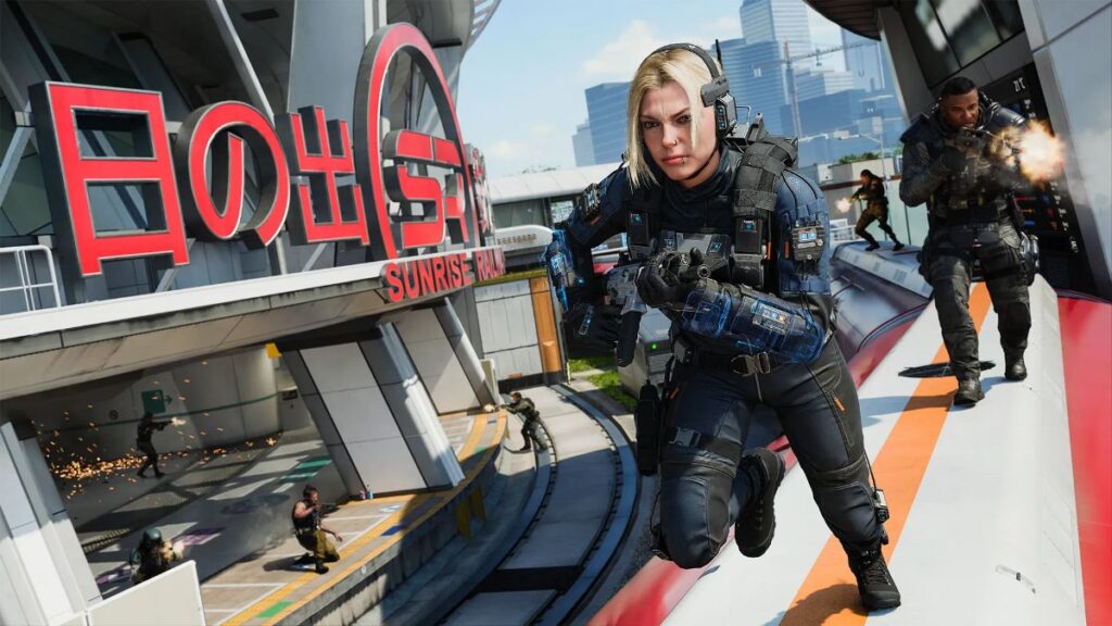 Screenshot from Call of Duty: Black Ops 7 showcasing gameplay action and character engagement in a multiplayer setting