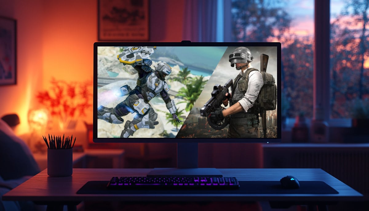 A gaming monitor displays a split-screen of two video games such as PUBG and Apex Legends