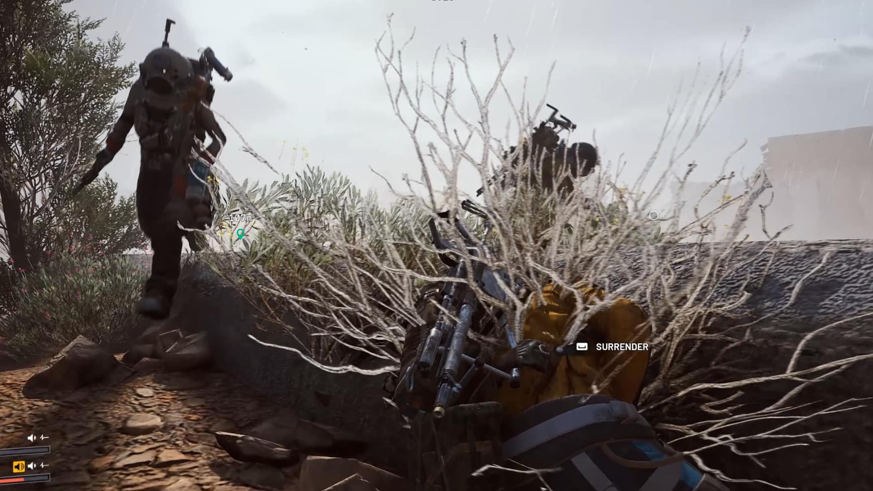 Arc Raiders scene shows an armored character hiding behind a bush with a weapon