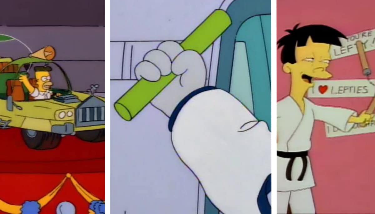 The image is a collage of three frames from The Simpsons animated series related to the “inert carbon rod”