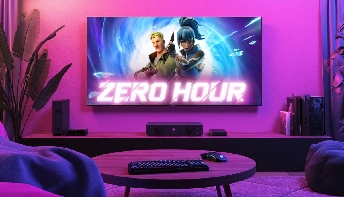 A cozy gaming room features a large TV on a purple-lit wall displaying "Zero Hour" with two Fortnite characters