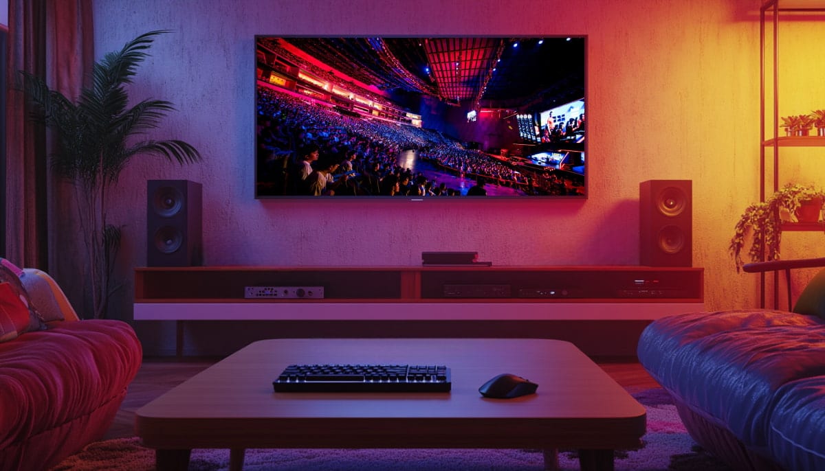 Living room with a large TV displaying a vibrant stadium scene of Intel Extreme Masters Chengdu 2024
