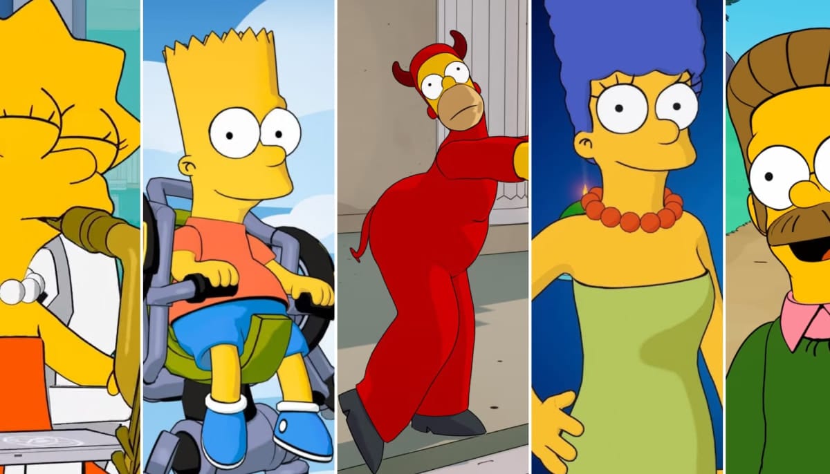 Homer, Marge, Bart, Lisa, Ned Flanders in a collage